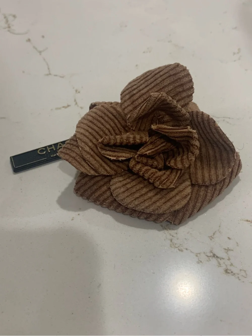 Rare CHANEL Brown Corduroy Camellia BROOCH